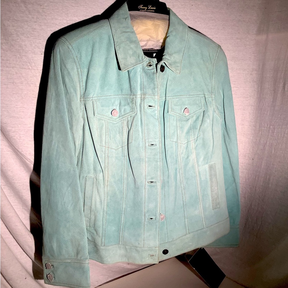 Terry Lewis lined leather jean style jacket, in aqua.
